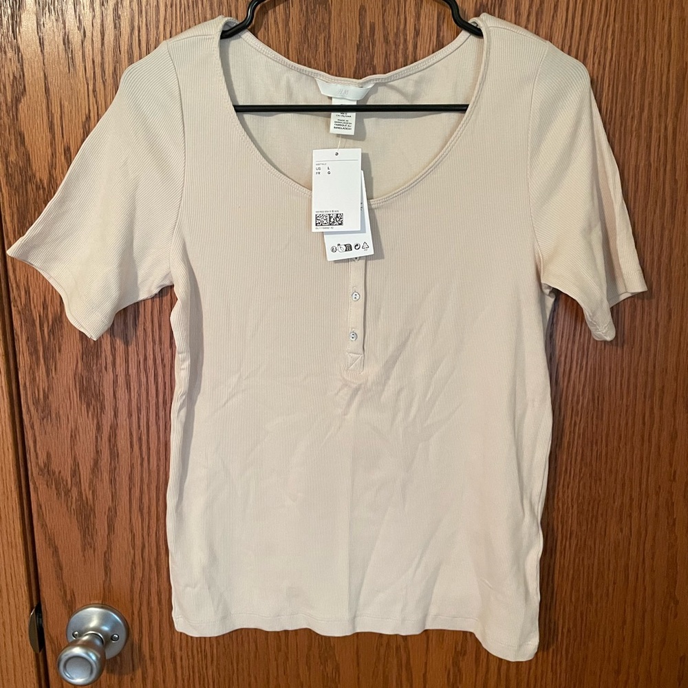 H&M Henley tee Ribbed Light Pink